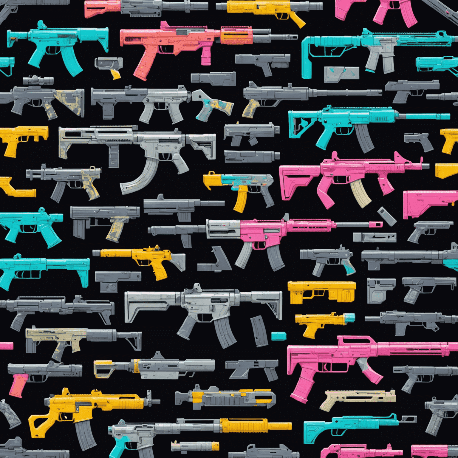 Retro-futuristic collage of CS2 skins, featuring rare and popular items with glitch effects and neon outlines. The image showcases various weapon skins in a grid layout, reminiscent of old-school inventory screens.
