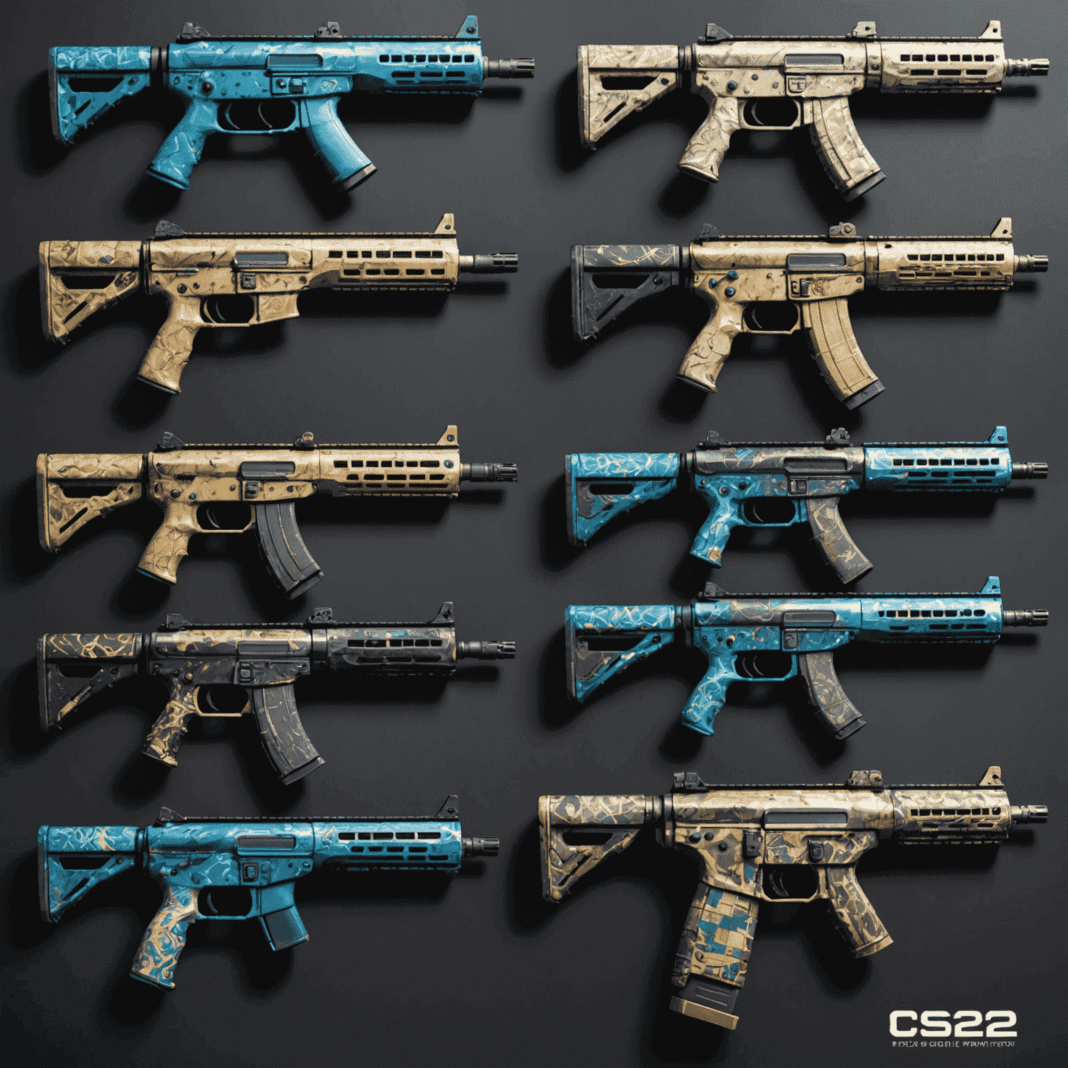 Collage of the top 5 most sought-after CS2 skins in 2024, featuring rare patterns and finishes with a glowing, futuristic aesthetic