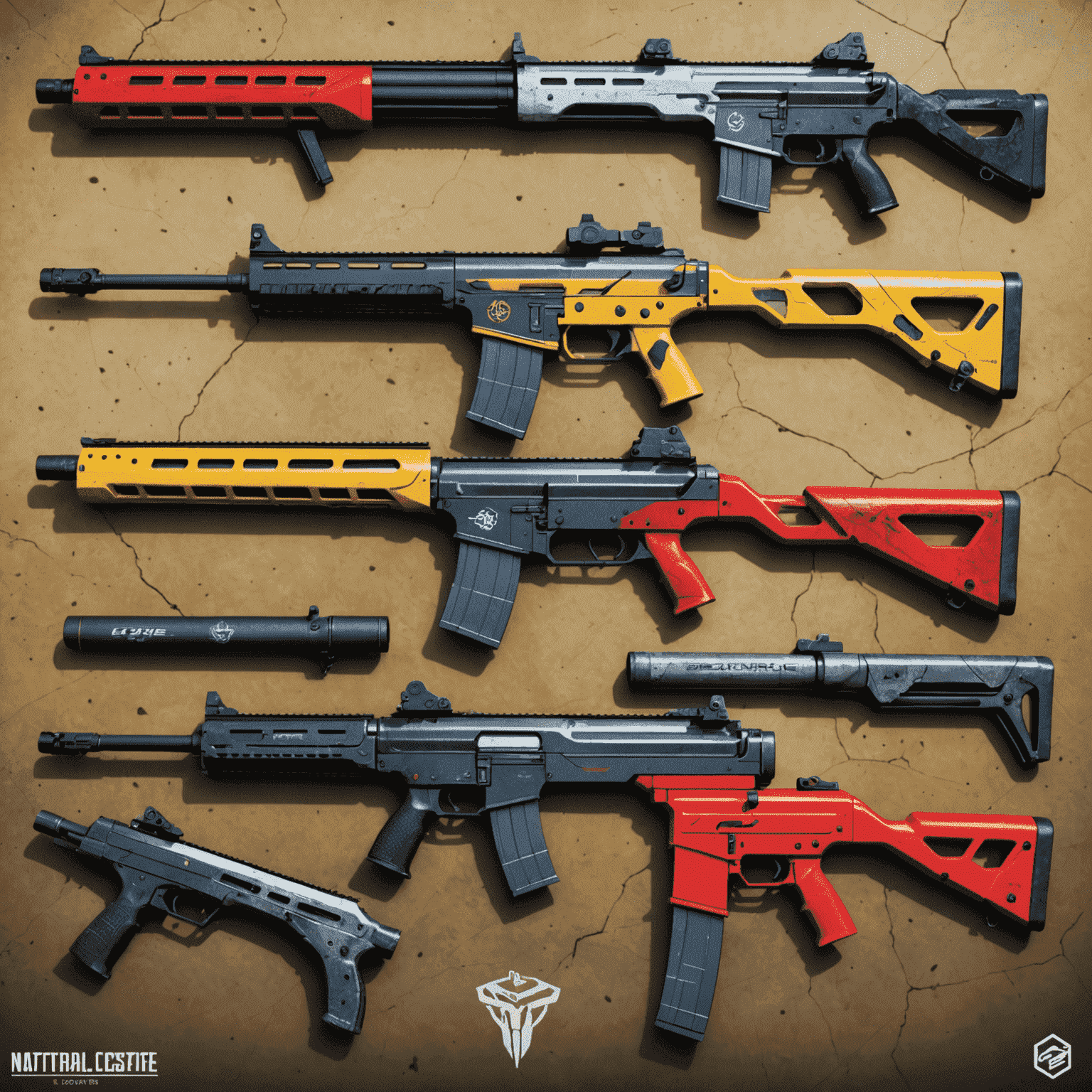 Collage of five rare CS2 skins, including a dragon lore AWP and a crimson web knife, arranged in a futuristic display
