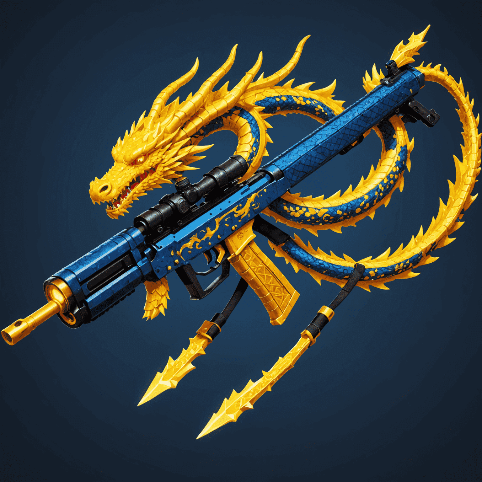 A pixelated image of the legendary Dragon Lore AWP skin, featuring an intricate golden dragon design on a deep blue background, with glowing effects around the edges