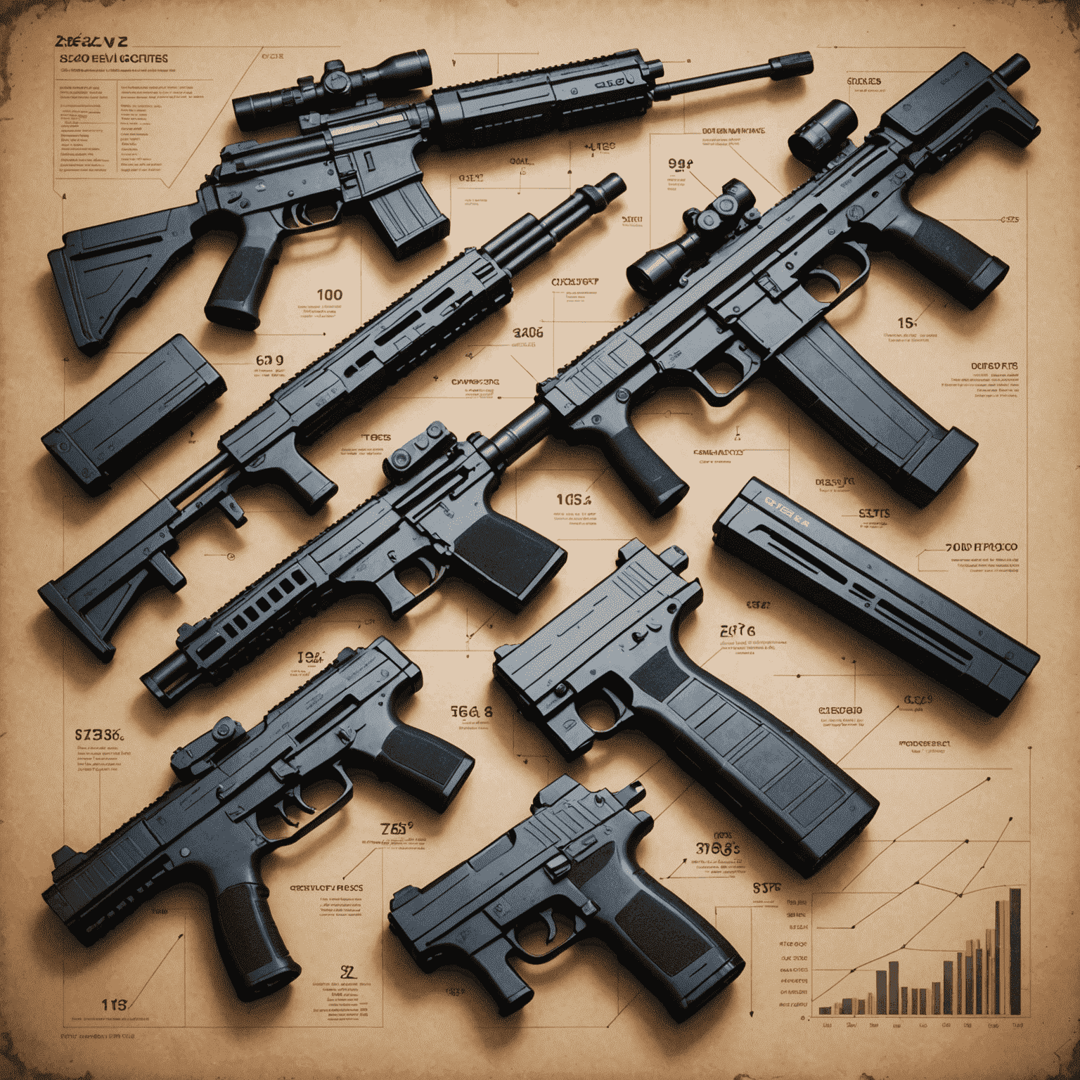 A futuristic collage showing various CS2 weapon skins with price charts and trend lines overlaid, symbolizing long-term investment strategies