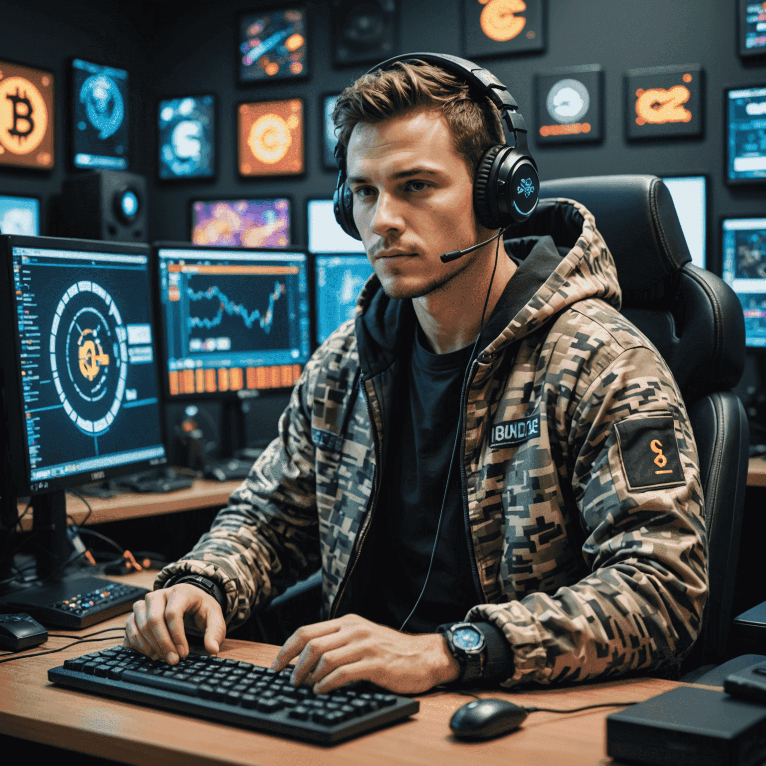 A pixelated image of a successful CS2 skin trader sitting at a computer surrounded by floating rare skins and stacks of virtual currency. The trader is wearing gaming headphones and has a determined expression.