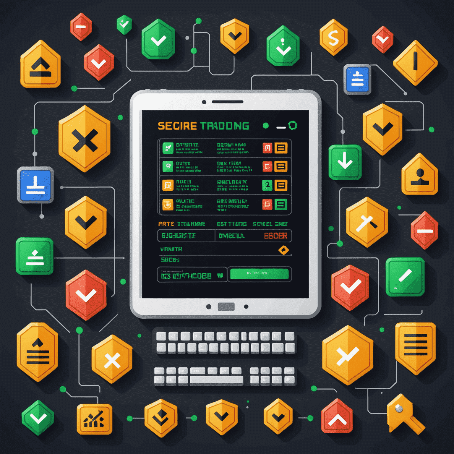 Pixel art style image showing a secure trading interface with checkmarks and warning signs, illustrating safe trading practices