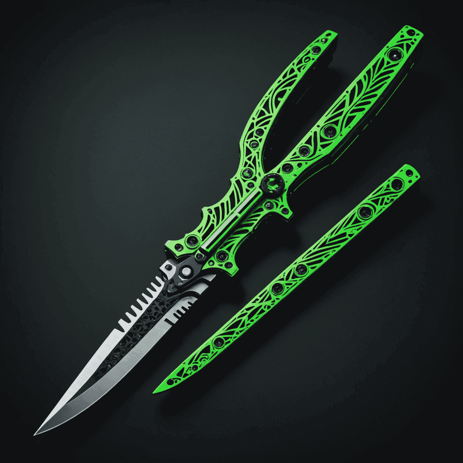 A glitchy, neon-green Butterfly Knife with a swirling emerald pattern, showcased against a dark background with digital distortion effects