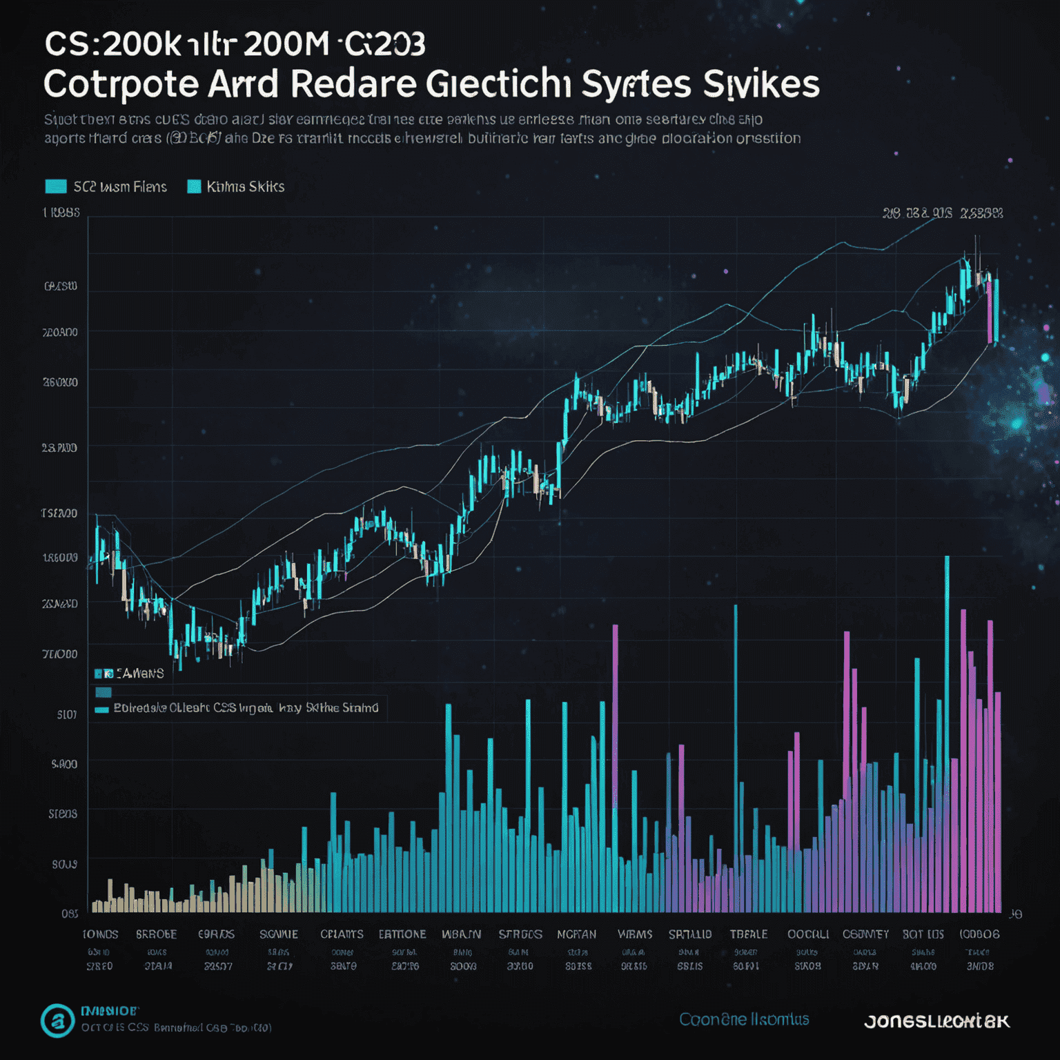 A futuristic graph showing long-term value trends of CS2 skins, with holographic projections of rare skins floating above the chart