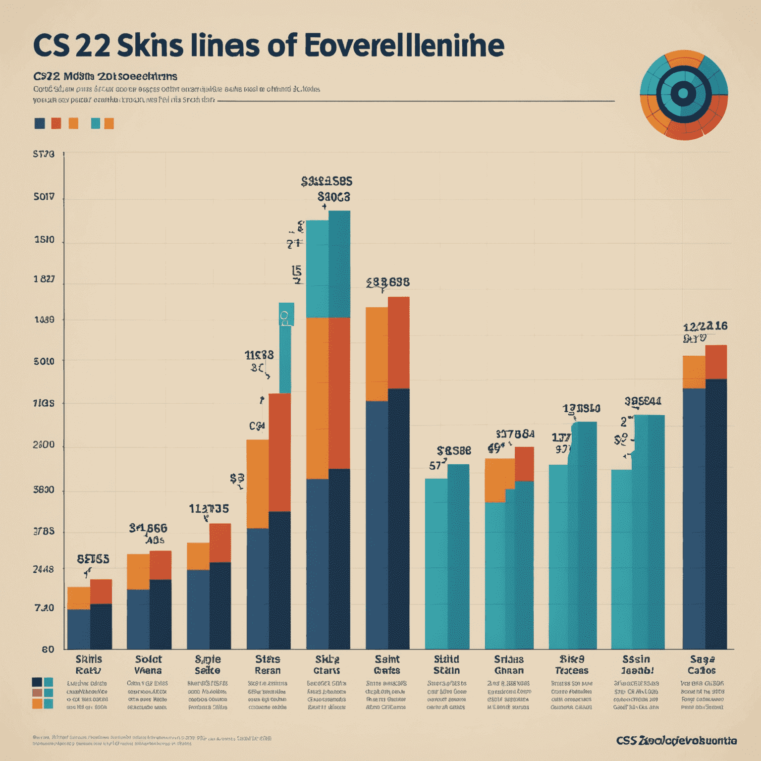 Retro-style graph showing the value increase of CS2 skins over time, with pixelated icons of rare skins at peak points