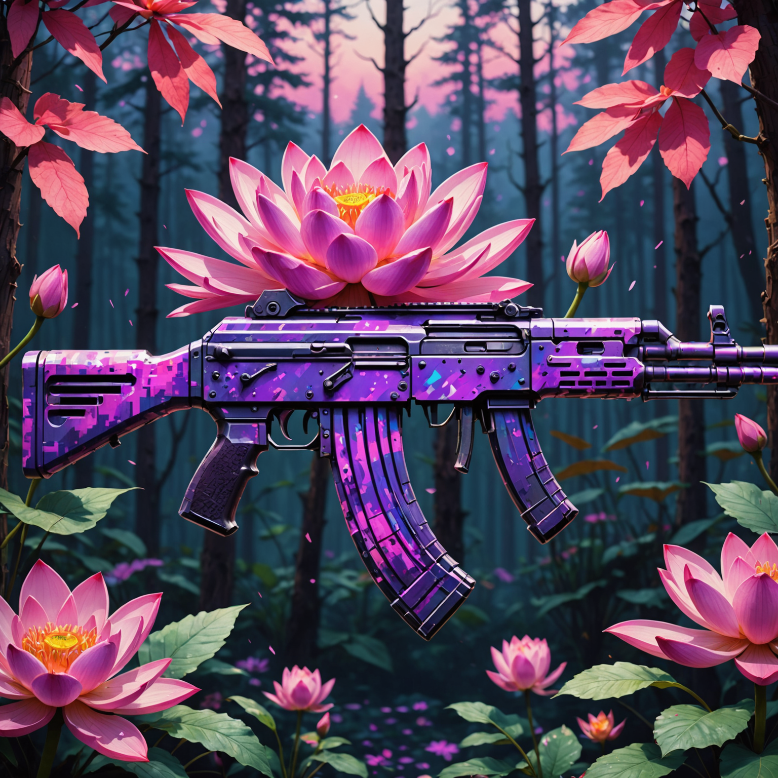 An AK-47 skin with a vibrant, pixelated lotus flower design in pink and purple hues, set against a glitchy forest background