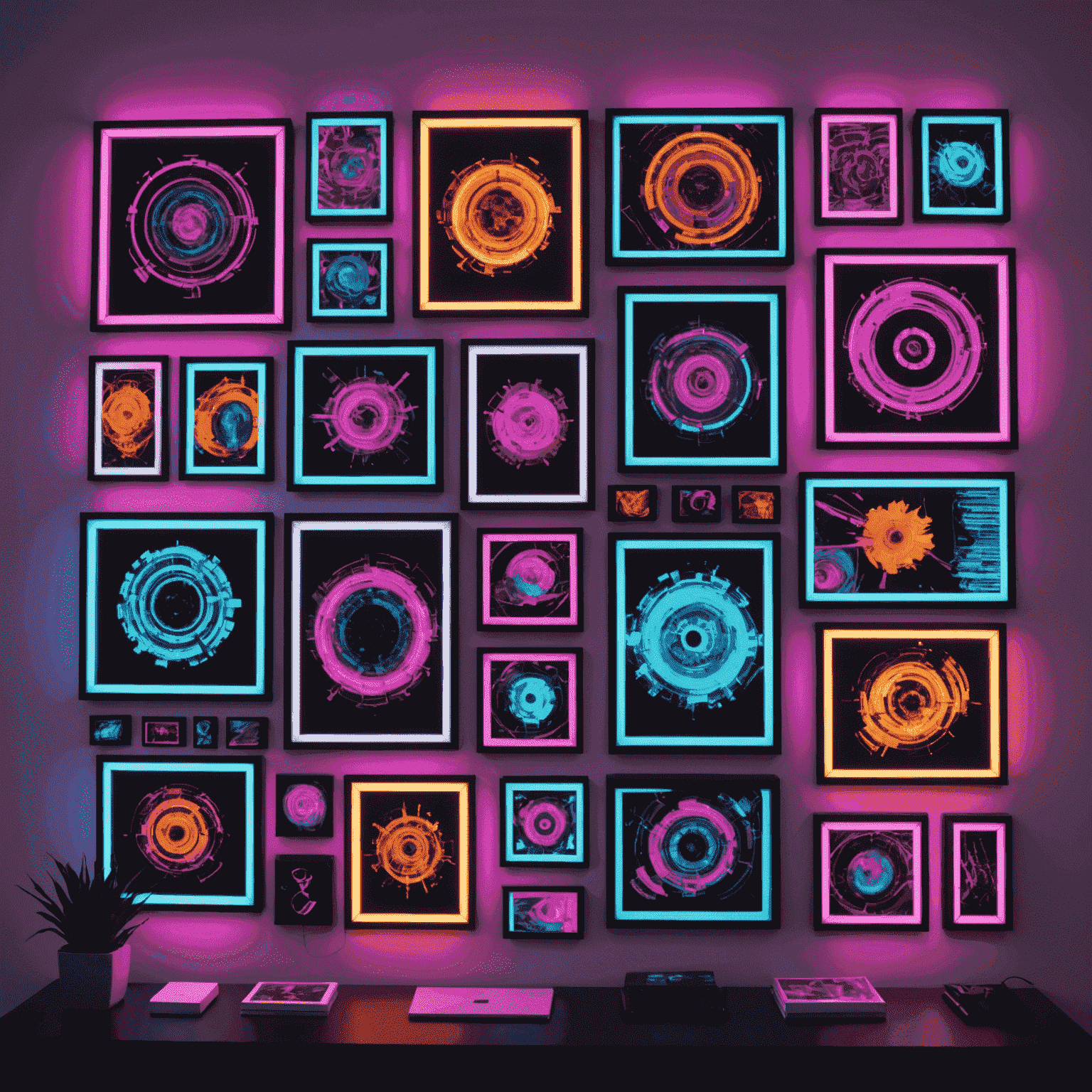 A glitchy, neon-lit gallery wall displaying various popular CS2 skins, each framed like digital art pieces