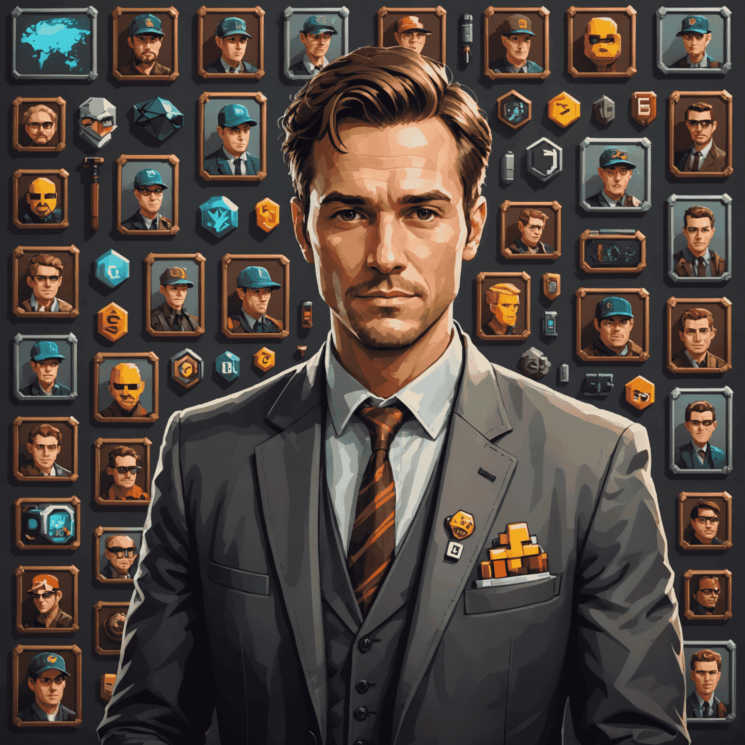 Pixel art portrait of a professional CS2 skin trader surrounded by iconic skins and trading symbols